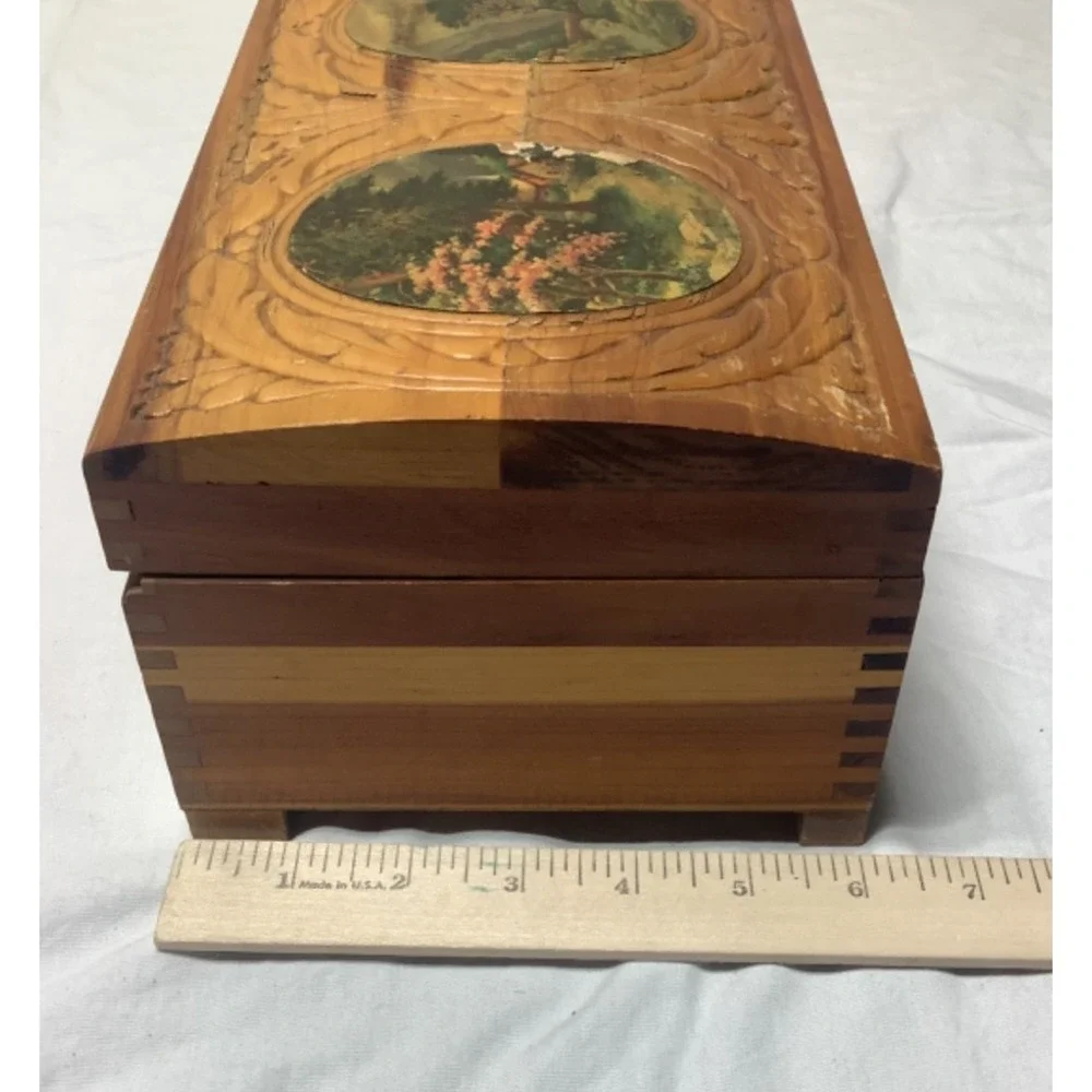 Vintage Carved Cedar Chest Wood Jewelry Box 11 x 6 